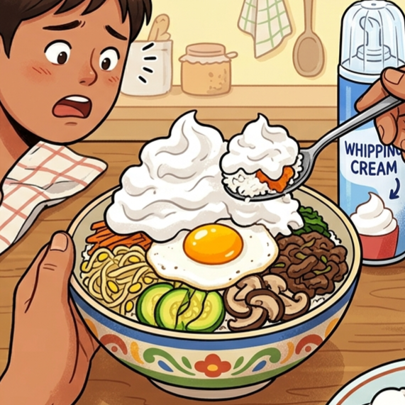 비빔밥에 휘핑크림 듬뿍 넣어 먹기